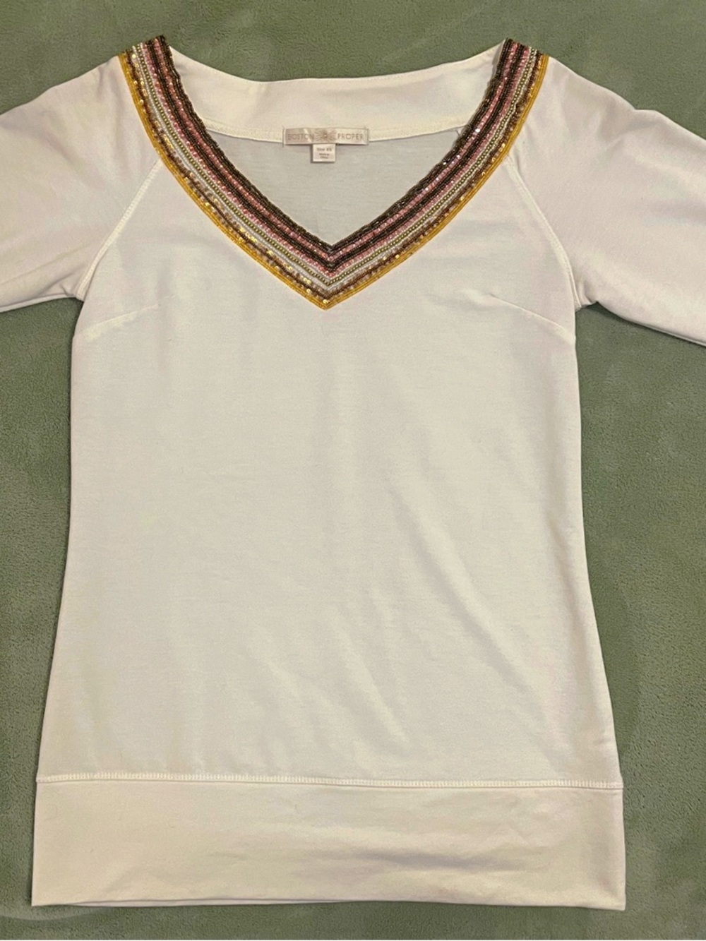 Boston Proper Ivory V-Neck Top with colorful and Gold Embellishment